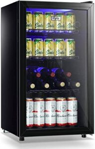 wanai beverage refrigerator cooler mini fridge glass door 100can beer fridge beverage cooler drinks wines juice soda cooler adjustable shelves blue led lights temp control for home dorm 3.2 cu. ft