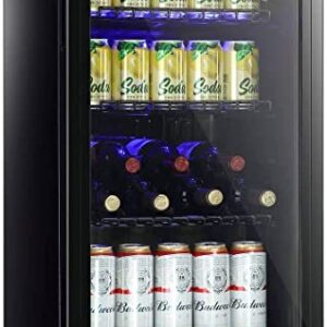 WANAI Beverage Refrigerator Cooler Mini Fridge Glass Door 100Can Beer Fridge Beverage Cooler Drinks Wines Juice Soda Cooler Adjustable Shelves Blue LED Lights Temp Control for Home Dorm 3.2 Cu. Ft