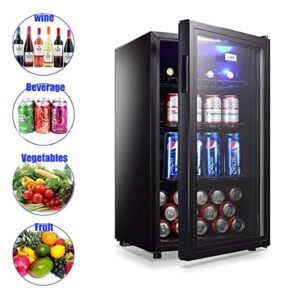 WANAI Beverage Refrigerator Cooler Mini Fridge Glass Door 100Can Beer Fridge Beverage Cooler Drinks Wines Juice Soda Cooler Adjustable Shelves Blue LED Lights Temp Control for Home Dorm 3.2 Cu. Ft