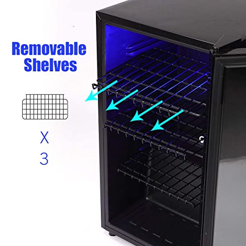 WANAI Beverage Refrigerator Cooler Mini Fridge Glass Door 100Can Beer Fridge Beverage Cooler Drinks Wines Juice Soda Cooler Adjustable Shelves Blue LED Lights Temp Control for Home Dorm 3.2 Cu. Ft