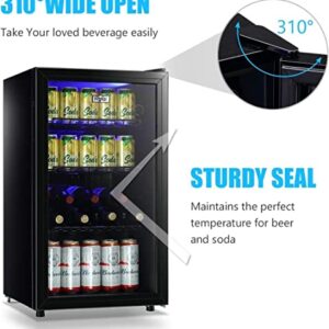 WANAI Beverage Refrigerator Cooler Mini Fridge Glass Door 100Can Beer Fridge Beverage Cooler Drinks Wines Juice Soda Cooler Adjustable Shelves Blue LED Lights Temp Control for Home Dorm 3.2 Cu. Ft