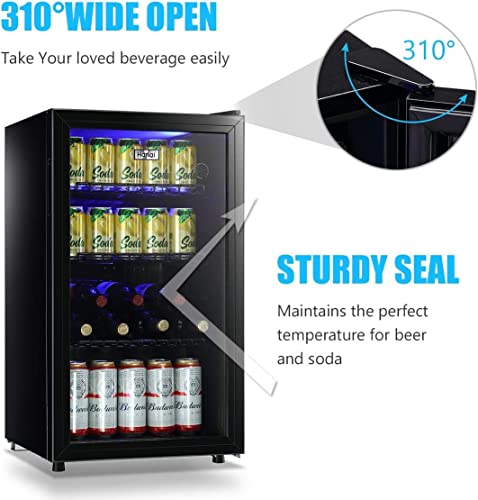 WANAI Beverage Refrigerator Cooler Mini Fridge Glass Door 100Can Beer Fridge Beverage Cooler Drinks Wines Juice Soda Cooler Adjustable Shelves Blue LED Lights Temp Control for Home Dorm 3.2 Cu. Ft