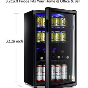 WANAI Beverage Refrigerator Cooler Mini Fridge Glass Door 100Can Beer Fridge Beverage Cooler Drinks Wines Juice Soda Cooler Adjustable Shelves Blue LED Lights Temp Control for Home Dorm 3.2 Cu. Ft