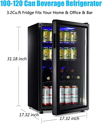 WANAI Beverage Refrigerator Cooler Mini Fridge Glass Door 100Can Beer Fridge Beverage Cooler Drinks Wines Juice Soda Cooler Adjustable Shelves Blue LED Lights Temp Control for Home Dorm 3.2 Cu. Ft