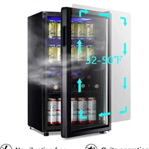 WANAI Beverage Refrigerator Cooler Mini Fridge Glass Door 100Can Beer Fridge Beverage Cooler Drinks Wines Juice Soda Cooler Adjustable Shelves Blue LED Lights Temp Control for Home Dorm 3.2 Cu. Ft