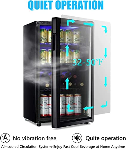 WANAI Beverage Refrigerator Cooler Mini Fridge Glass Door 100Can Beer Fridge Beverage Cooler Drinks Wines Juice Soda Cooler Adjustable Shelves Blue LED Lights Temp Control for Home Dorm 3.2 Cu. Ft