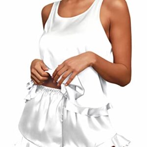 Ekouaer Silk Pajamas for Women Cute Pj Ruffled Nightwear Tank and Shorts Sleepwear Set White M