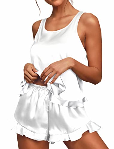 Ekouaer Silk Pajamas for Women Cute Pj Ruffled Nightwear Tank and Shorts Sleepwear Set White M