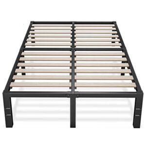 roil 14 inch queen size bed frame with wood slats - 3500lbs heavy duty no box spring needed platform, mattress stoppers double metal noise free bedframe with headboard hole underneath storage