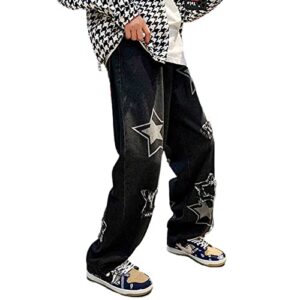 y2k baggy jeans mens straight wide leg vintage denim pants black hip hop patchwork trousers