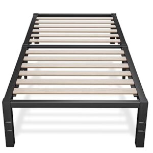 roil 14 inch twin size bed frames with wide wood slats - 3500lbs heavy duty no box spring needed platform, mattress stoppers single metal noise free bedframe with headboard hole underneath storage
