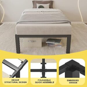 ROIL 14 inch Twin Size Bed Frames with Wide Wood Slats - 3500lbs Heavy Duty No Box Spring Needed Platform, Mattress Stoppers Single Metal Noise Free Bedframe with Headboard Hole Underneath Storage