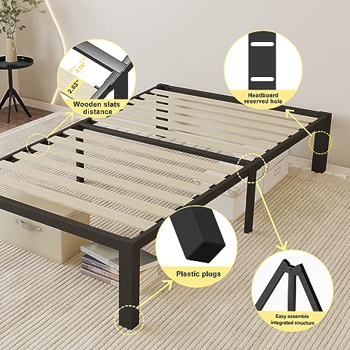 ROIL 14 inch Twin Size Bed Frames with Wide Wood Slats - 3500lbs Heavy Duty No Box Spring Needed Platform, Mattress Stoppers Single Metal Noise Free Bedframe with Headboard Hole Underneath Storage