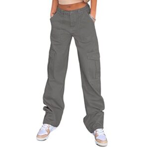 qyangg high waist cargo pants women stretch baggy cargo pants women multiple pockets relaxed fit straight wide leg y2k pants grey