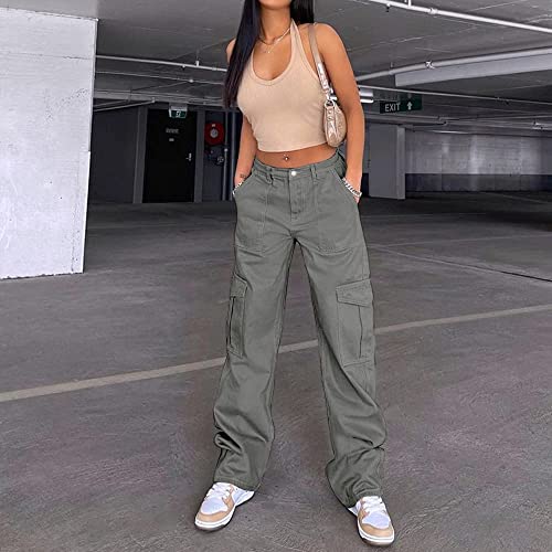 QYANGG High Waist Cargo Pants Women Stretch Baggy Cargo Pants Women Multiple Pockets Relaxed Fit Straight Wide Leg Y2K Pants Grey