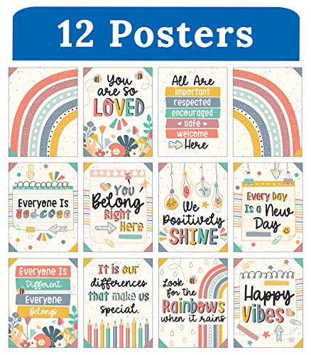 Carson Dellosa We Belong 12 Boho Rainbow Classroom Poster Set, Boho Neutral Motivational Mini Posters for Classroom, Wall Décor, Daycare, and Boho Neutral Classroom Décor