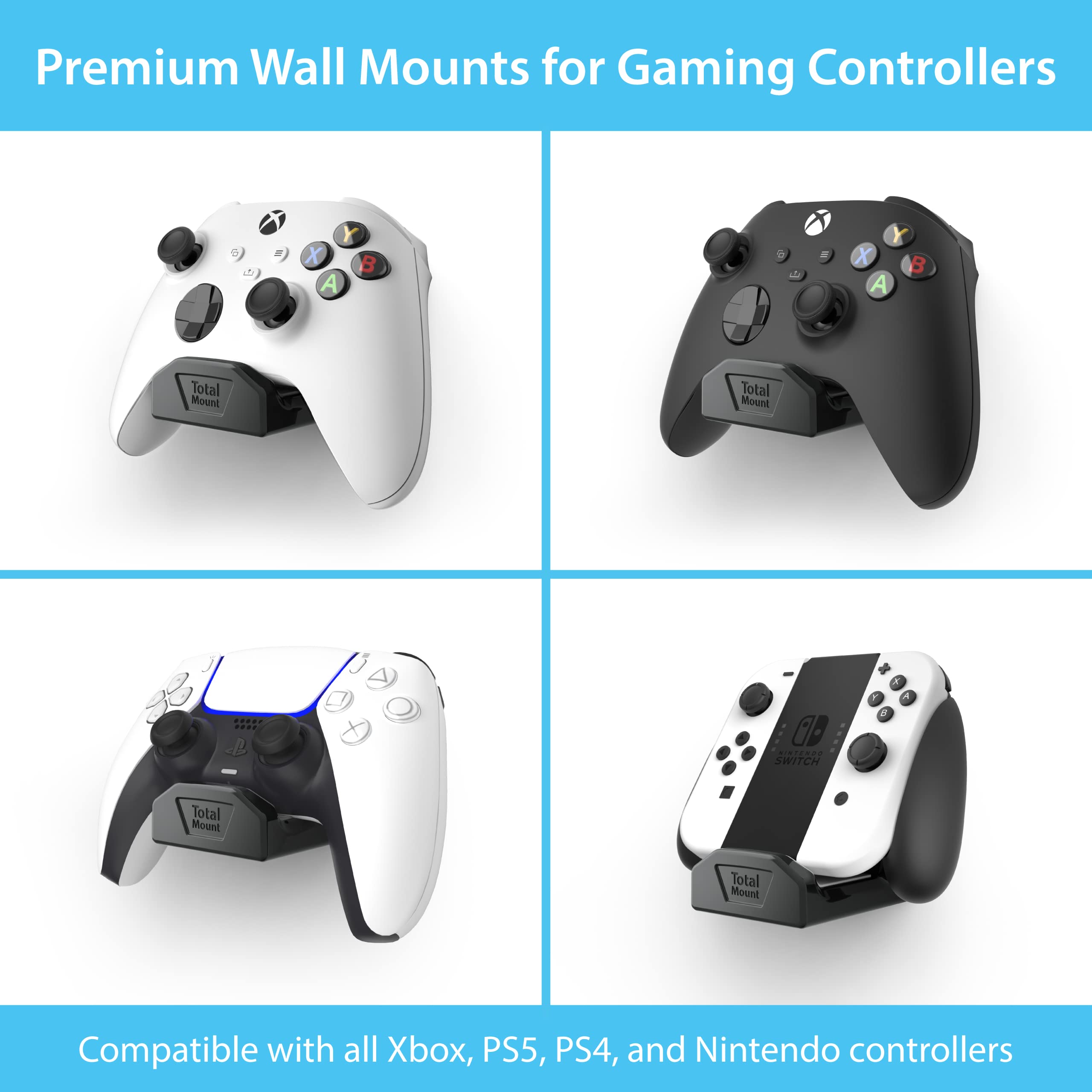 TotalMount – 4 Pack – Controller Wall Stands with Non-Slip Pads & Removable Adhesive for Xbox, PS5, PS4, and Nintendo – These Premium Holders Won’t Damage Your Wall with Screws or Permanent Adhesive