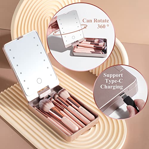 BS-MALL Travel Makeup Brush Set Foundation Powder Concealers Eye Shadows Makeup Set with LED light Mirror 14 Pcs Pink