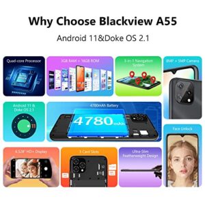 Blackview A55 Smart Phone, 6.528 inches Unlocked Phones HD+ Waterdrop Screen, 3GB+16GB/SD 128GB, 4780mAh Battery, 8+5MP Camera, Android 11 Unlocked Cell Phones, Triple Card Slots, GPS, Face ID