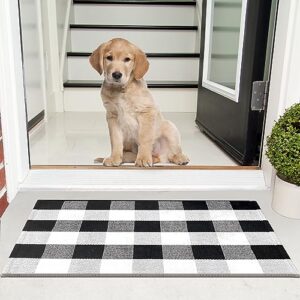bezon buffalo plaid door mat - 24x36 cotton buffalo plaid rug for outdoor/indoor, checkered rug, welcome door mat for front porch, kitchen, laundry, farmhouse, home entryway, black & white
