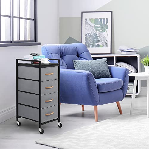 Drawer Dresser for Bedroom Fabric Storage Dresser with 4 Drawers Tower Tall Nightstand Chest of Drawers with Wood Top and Steel Frame Organizer Unit for Closet Living Room Hallway Entryway (Grey)