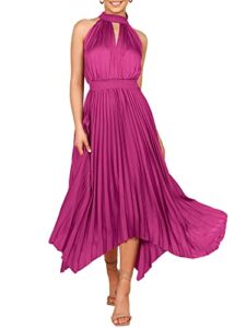 anrabess women's sleeveless cutout halter neck satin formal dress smocked pleated asymmetric party cocktail maxi dress elagant wedding guest evening graduation prom dress 752meihong-m rose