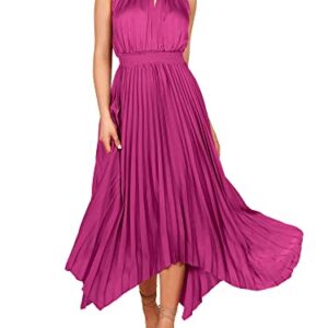 ANRABESS Women's Sleeveless Cutout Halter Neck Satin Formal Dress Smocked Pleated Asymmetric Party Cocktail Maxi Dress Elagant Wedding Guest Evening Graduation Prom Dress 752meihong-M Rose