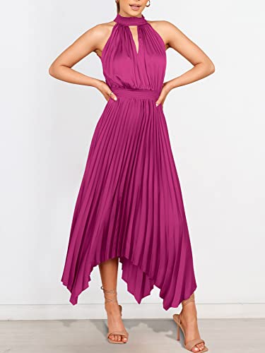 ANRABESS Women's Sleeveless Cutout Halter Neck Satin Formal Dress Smocked Pleated Asymmetric Party Cocktail Maxi Dress Elagant Wedding Guest Evening Graduation Prom Dress 752meihong-M Rose