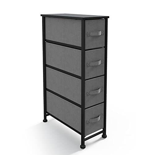 Sehloran Narrow Dresser Storage Tower Stand with 4 Removable Slim Fabric Drawer, Chests of Drawers, Dresser Organizers Unit for Bedroom, Entryway, Closets, Wood Top, Gray