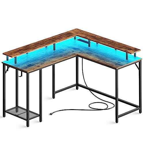 SUPERJARE L Shaped Computer Desk with Power Outlets & LED Lights, Gaming Desk with Monitor Stand & Storage Shelf, Home Office Desk Corner Desk with Hooks, Rustic Brown