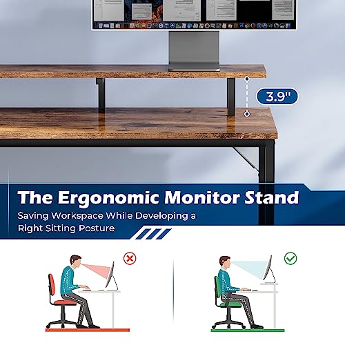 SUPERJARE L Shaped Computer Desk with Power Outlets & LED Lights, Gaming Desk with Monitor Stand & Storage Shelf, Home Office Desk Corner Desk with Hooks, Rustic Brown