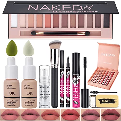 All In One Makeup Kit for Womem Full Kit,12 Colors Eyeshadow Palette,6 Colors Lipstick Set,2 Full Coverage Foundation and Primer, Eyebrow Soap,Waterproof Eyeliner and Mascara (102 Nude + 104 Buff Beige+ Matte Shadow)