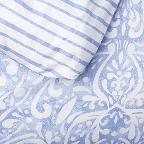 MARTHA STEWART Avery Medallion King Size Duvet, 3 Piece Set-1 Duvet Cover, 2 Pillow Shams, Cotton-Percale, Soft, Reversible, Easy Wash, All Season 104"x92" With Button Closure, Dorm Essentials, Blue