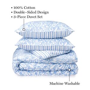 MARTHA STEWART Avery Medallion King Size Duvet, 3 Piece Set-1 Duvet Cover, 2 Pillow Shams, Cotton-Percale, Soft, Reversible, Easy Wash, All Season 104"x92" With Button Closure, Dorm Essentials, Blue