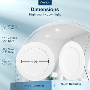 Amico 5/6 inch 5CCT LED Recessed Lighting 12 Pack, 1050LM Ultra-Thin Flat LED Can Lights, Dimmable, IC Rated, 12W Eqv 110W, 2700K/3000K/4000K/5000K/6000K Selectable, Retrofit Installation- ETL & FCC