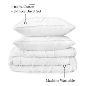 MARTHA STEWART Sophia Medallion Chenille Duvet Cover Queen Size, 3 Piece Set- 1 Duvet Cover, 2 Pillow Shams, Cotton-Percale, Soft, Reversible, Easy Wash, All Season 90"x92" with Button Closure, White