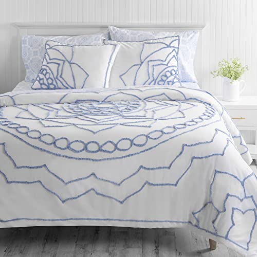 MARTHA STEWART Sophia Medallion Chenille Duvet Cover Queen Size, 3 Piece Set- 1 Duvet Cover, 2 Pillow Shams, Cotton-Percale, Soft, Reversible, Easy Wash, All Season 90"x92" with Button Closure, White