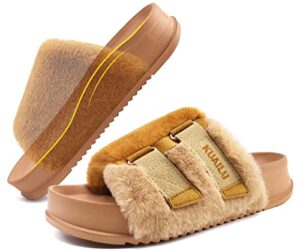 kuailu womens slides soft cushion faux fur sandals for women open toe house slipper with arch support ladies slip on fuzzy platform slipper indoor outdoor,khaki size 10
