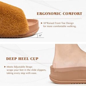 KuaiLu Womens Slides Soft Cushion Faux Fur Sandals for Women Open Toe House Slipper with Arch Support Ladies Slip On Fuzzy Platform Slipper Indoor Outdoor,Khaki Size 10