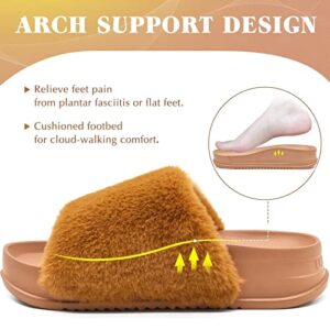 KuaiLu Womens Slides Soft Cushion Faux Fur Sandals for Women Open Toe House Slipper with Arch Support Ladies Slip On Fuzzy Platform Slipper Indoor Outdoor,Khaki Size 10