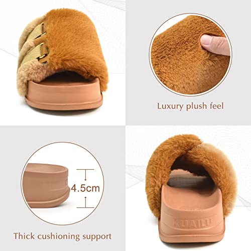 KuaiLu Womens Slides Soft Cushion Faux Fur Sandals for Women Open Toe House Slipper with Arch Support Ladies Slip On Fuzzy Platform Slipper Indoor Outdoor,Khaki Size 10