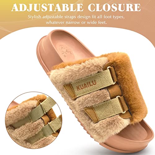 KuaiLu Womens Slides Soft Cushion Faux Fur Sandals for Women Open Toe House Slipper with Arch Support Ladies Slip On Fuzzy Platform Slipper Indoor Outdoor,Khaki Size 10