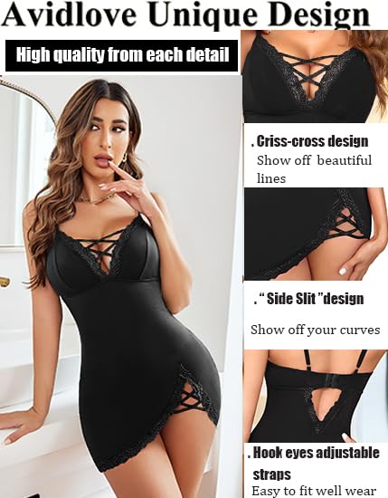 Avidlove Sexy Nightie Babydoll Lace Chemise Nightgown Babydoll Lingerie for Women Black L