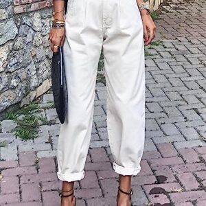 Astylish Women White Jeans High Waist Casual Loose Boyfriend Cropped Mom Denim Pants White Size 12