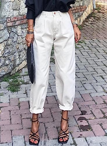 Astylish Women White Jeans High Waist Casual Loose Boyfriend Cropped Mom Denim Pants White Size 12