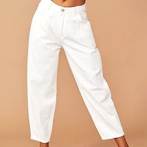 Astylish Women White Jeans High Waist Casual Loose Boyfriend Cropped Mom Denim Pants White Size 12