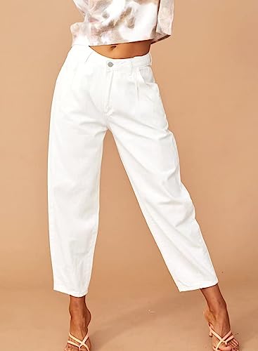 Astylish Women White Jeans High Waist Casual Loose Boyfriend Cropped Mom Denim Pants White Size 12