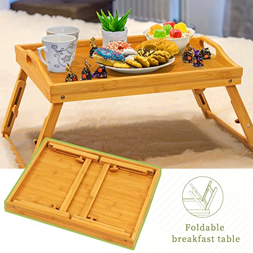 Bed Tray for Eating - Raised Food Table Up to 9.5" on Lap Sofa - Adjustable Bamboo Serving Tray - Portable Snack Platter with Folding Legs Ideal for Bedroom Picnic