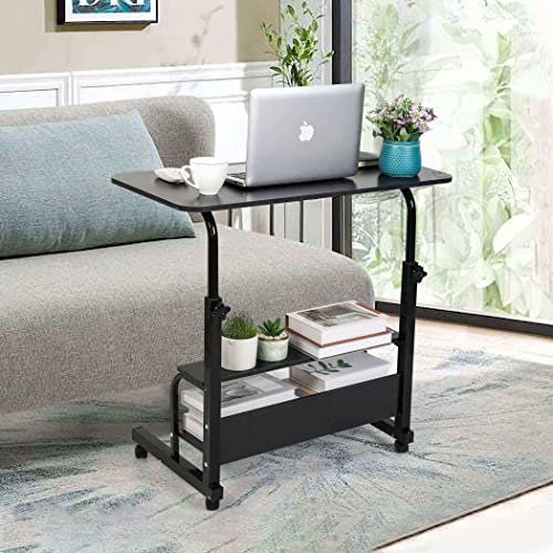 Adjustable Height Mobile Computer Desk for Small Space Rolling Writing Desk with Wheels Desk Home Office Study Desk Portable for Bedrooms Work Desk Size 31.5x15.7 Inch Black with Storage Gaming Table