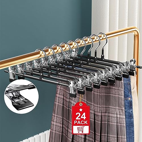 24Pack Pants Skirt Hangers with Clips, Adjustable Skirt Hangers for Women Non Slip Closet Organizers and Storage Space Saving Shorts Hangers for Pants Jeans Leggings Skirts Shorts Hats Clothes(Black)